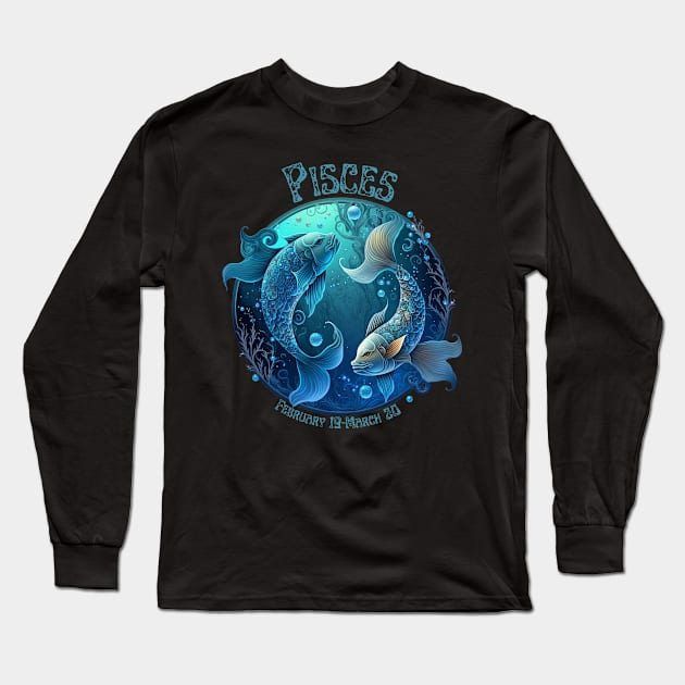 Retro PIsces Zodiac Sign Long Sleeve T-Shirt by Curio Pop Relics